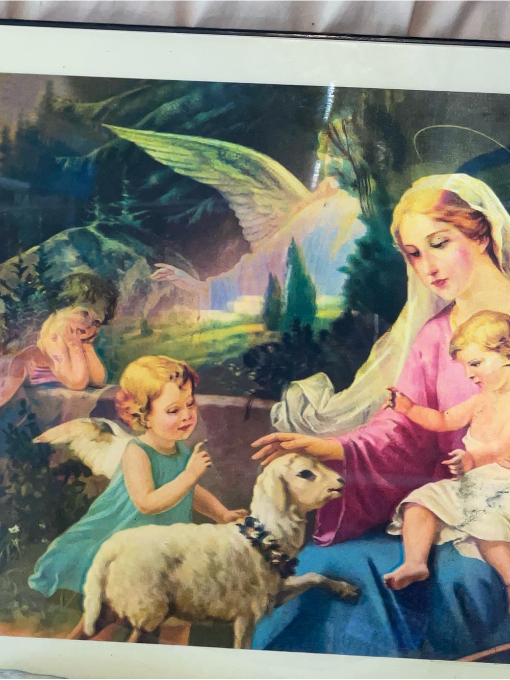 Religious 3D Wall Art Print with Angels, Lamb, and Mother in Pink and Blue